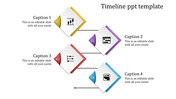 Timeline PPT slide featuring four colored diamond icons representing a graph, calendar, slider, and team with captions.