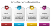 Corporate PowerPoint presentation template with four icons and steps, each representing different stages of a process.