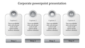 Corporate PPT slide featuring four steps with icons for handshake, organization, briefcase, and meeting with captions.