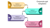 Four rounded panels in yellow, teal, purple, and pink, with icons and arrows linking steps in a sequential layout.