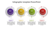 Infographic template with four connected circular elements labeled 01 to 04, each with a caption areas.