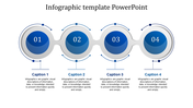 Timeline style infographic with four numbered blue circles connected by a curved structure, each with captions underneath.