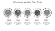 Infographic PowerPoint slide featuring five grey circles with numbered sections, each with a caption and placeholder text.