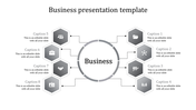 Infographic slide for business strategy, featuring a circle linked to eight hexagons containing business-related icons.