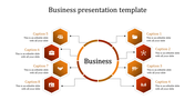 An orange themed business template featuring a central circle connected to eight hexagonal elements on both sides.