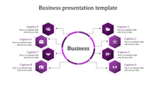 Business strategy diagram illustrating key business element using eight labeled hexagonal purple nodes connected to a circle.