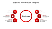 Business PPT template featuring a central circle with six red hexagons surrounding it, each with a caption and icon.