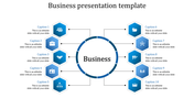 Blue themed business template featuring a central circle and ten surrounding hexagonal icons with captions.