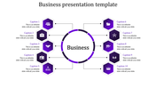 Business presentation template with a central circle and ten colorful hexagon sections for captions and icons.