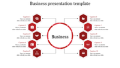 Red themed circular business slide with ten hexagonal icons and captions linked to the central circle.