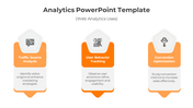 Three orange accented segments with pentagonal icons and captions focusing on analytics applications.