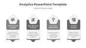 Analytics slide featuring four gray highlighted sections with icons and descriptions, arranged in a row.