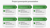 Green themed grid layout featuring six rectangular sections for project plans with icons and captions in a clean design.
