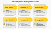 Project PowerPoint slide with six yellow project plan sections, each with icons and captions.