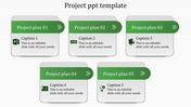 Project design showing five labeled sections in a grid format, with green headers, caption areas, and associated icons.