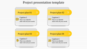 Project workflow template displaying four rounded rectangular boxes with bold yellow headers, placeholder text areas.