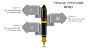 Creative slide design with a fountain pen in the center and arrows labeled 01, 02, and 03 pointing in different directions.