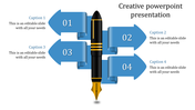 Creative PowerPoint template featuring a fountain pen surrounded by four arrows with sections labeled 1 to 4.