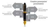 Creative process diagram featuring a vertical fountain pen with four numbered gray arrows wrapping around it in sequence.