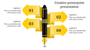 Creative PowerPoint template featuring a fountain pen surrounded by four yellow arrows with sections labeled 1 to 4.