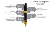 Creative PowerPoint template featuring a fountain pen surrounded by arrows numbered 01 to 05, with corresponding captions.