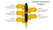 Creative PPT slide with a fountain pen surrounded by five yellow arrows numbered 01 to 05, with corresponding captions.