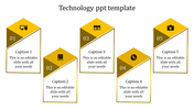 Slide template featuring five yellow pentagonal blocks with icons, numbers, and captions inside.