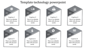 Technology PPT template featuring icons from microchips to speakers with captions in gray blocks.