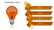 Ideas PowerPoint slide featuring an orange light bulb and four ribbon sections with captions in a warm orange gradient.