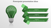 Creative ideas PowerPoint design slide featuring a green light bulb and three ribbon sections for text.