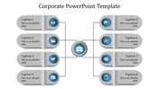 Central briefcase icon linked to eight rounded gray sections with blue circular icons arranged symmetrically.