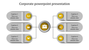Corporate infographic with a yellow briefcase icon linking to six gray oval-shaped elements with yellow business icons.