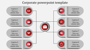 Slide with a central red briefcase icon and eight connected captions with circular icons and descriptions.