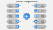 Corporate hierarchy layout with a central business icon linked to ten rounded sections representing different roles.