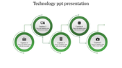 Technology themed slide with five green interconnected circles, icons, and captions representing key concepts.