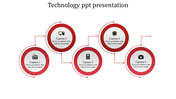 Circular infographic in shades of red with tech symbols linked by curved connectors placed in a white backdrop.