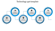 Blue circular infographic template showing six interconnected technology concepts with icons and captions.