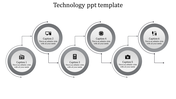 Technology flowchart with gray nodes for radio, computer, calculator, chip, camera, and headphones.