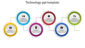 Technology template with six multicolored circles, each with icons and captions connected by thin lines.