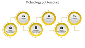 Technology slide with six circular yellow icons connected by lines, each containing captions and device symbols.