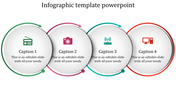 Infographic template with four circular sections, each containing a color coded icons and caption space, connected by arrows.