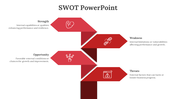 Slide featuring a SWOT diagram with four red directional arrows and descriptive text for each category.