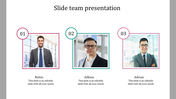 Team slide with three profiles featuring framed photos, numbered captions, and text below each.