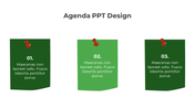 Agenda template with three numbered agenda items in green, each with a placeholder text areas, presented on sticky notes.