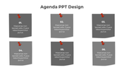 Minimal agenda slide featuring six gray cards with red pins and sequential numbers 01 to 06, arranged in two rows.