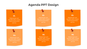 Agenda PowerPoint design with six orange pinned notes, each numbered from 01 to 06, displaying placeholder text.