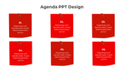 Agenda design with six red pinned notes, arranged in two columns, displaying sequential content.