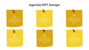 Agenda PowerPoint slide design with six yellow pinned notes, each numbered from 01 to 06, displaying placeholder text.
