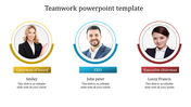 Corporate team slide showing leadership roles with circular images and gold, blue, and red labels in white background.