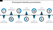 Timeline PPT template with years 2013 to 2019, showing icons for each year on a blue and gray theme with placeholder text.